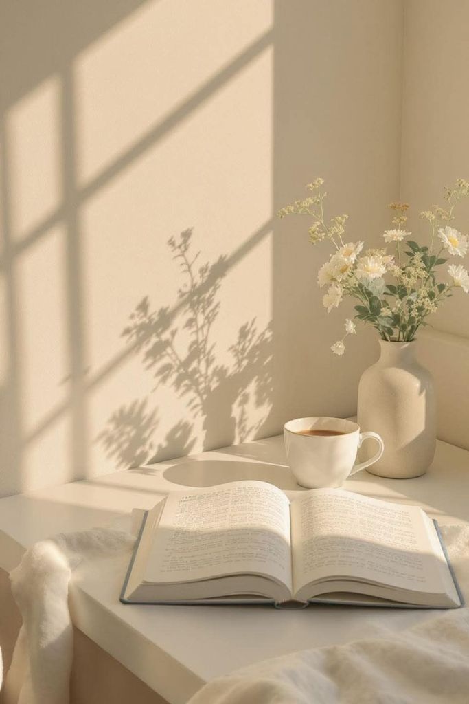 A cozy scene featuring an open book on a white table, a cup of coffee, and a vase of white flowers, with soft sunlight casting shadows on the wall.